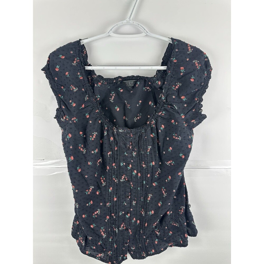 Guess Los Angeles Womens S Black Floral Swiss Dot Peasant Top Smocked Pintuck